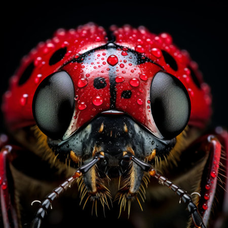 the insect's striking appearance is showcased in this dramatic photograph, characterized by a bold, graphic quality, with a focus on high-contrast colors and sharp lines, creating an eye-catching effect as its features stand out against a dark background, highlighting its intricate details and textures. ai generatedの素材