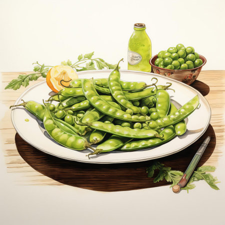 a vibrant sketch of a plate of fresh green peas resting on a rustic wooden bar, evoking a sense of casual dining and rustic charm, perfect for foodies and art enthusiasts alike, capturing the essence of simple yet satisfying meals in a cozy atmosphere. ai generatedの素材