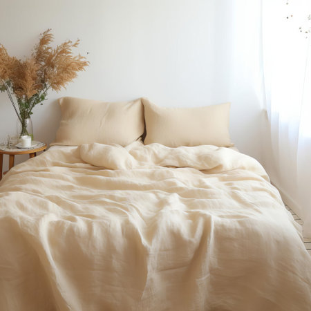 the beige linen plain sheet drapes elegantly on the bed, exuding a sense of serenity and sophistication, perfect for creating a calming atmosphere in any bedroom, its natural texture and subtle color palette blending seamlessly with modern or traditional decor styles. ai generatedの素材