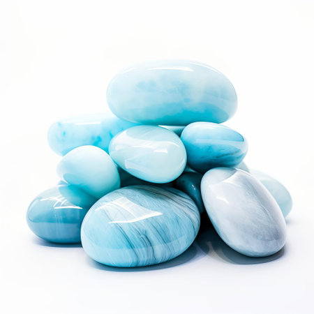 the larimar stone, a rare and exquisite gemstone, glimmers against a pristine white background, showcasing its mesmerizing blue-green hues and intricate patterns, evoking a sense of tropical tranquility and oceanic beauty, perfect for jewelry making and decorative arrangements. ai generatedの素材