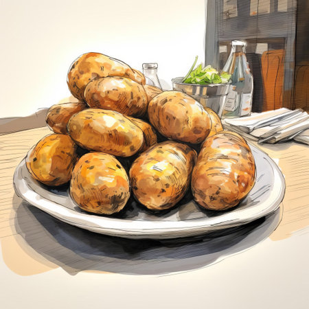 a rustic wooden bar is adorned with a delectable plate of golden-brown potatoes, garnished with fresh herbs and a sprinkle of paprika, evoking a sense of cozy pub atmosphere and comforting gastropub cuisine, perfect for a relaxing evening with friends or a casual dinner date. ai generatedの素材