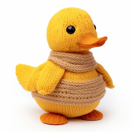 a knitted duck sits alone on a pristine white background, showcasing its intricate stitching and vibrant yellow beak, perfect for craft enthusiasts and designers looking for inspiration for handmade toys, amigurumi patterns, or nursery decorations featuring cute farm animals. ai generatedの素材