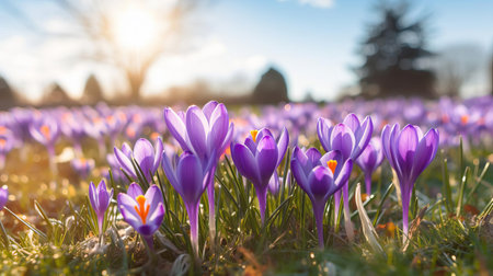 crocus flowers blanket a serene landscape in a vibrant tapestry of purple, white, and yellow hues, swaying gently in the spring breeze, as the first signs of nature's awakening unfold in a picturesque flower field, surrounded by lush greenery and rustic terrain. ai generatedの素材