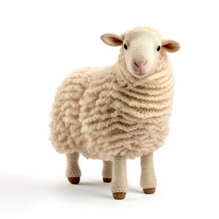 adorable knitted sheep sits isolated on a pristine white background, showcasing its intricately stitched woolly coat and endearing facial features, perfect for craft enthusiasts, textile designers, and anyone looking for a whimsical and cozy decorative element in their rustic or farmhouse-inspired space. ai generatedの素材