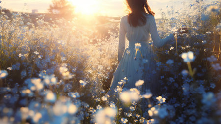 the forget-me-not flower field stretches as far as the eye can see, a breathtaking sight of vibrant blue blooms swaying gently in the breeze, creating a serene and peaceful atmosphere, perfect for nature lovers and photographers to capture the beauty of these delicate, tiny flowers in full bloom. ai generatedの素材