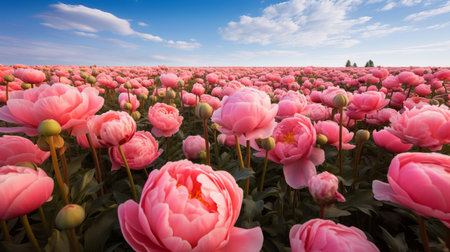 the peony flower field stretches as far as the eye can see, a vibrant tapestry of delicate pink and white petals swaying gently in the breeze, surrounded by lush greenery and rustic wooden fences, evoking a sense of serenity and natural beauty in this idyllic summer landscape. ai generatedの素材