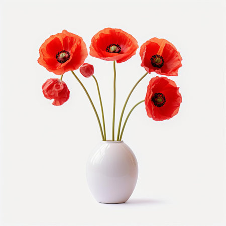 vase, adorned with a stunning poppy flower, sits elegantly isolated on a crisp white background, showcasing its delicate petals and vibrant colors, perfect for adding a touch of simplicity and elegance to any home decor or still life photography composition. ai generatedの素材