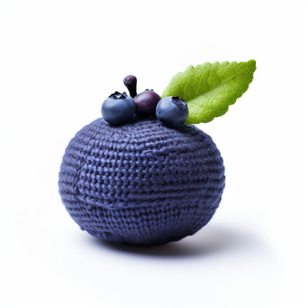 blueberry, freshly knitted in a vibrant shade, sits isolated on a pristine white background, showcasing its intricate texture and delicate details, perfect for adding a pop of color to your fruit-themed designs, crafts, and still-life photography projects. ai generatedの素材