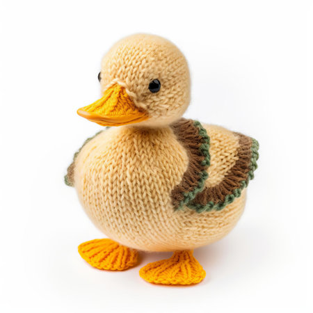 this adorable knitted duck, isolated on a pristine white background, showcases exceptional craftsmanship and attention to detail, making it a perfect prop for photography, crafting, and diy projects, while also evoking a sense of whimsy and playfulness in home decor and nursery settings. ai generatedの素材
