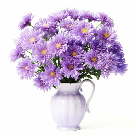 the vase, adorned with a beautiful aster flower, stands elegantly isolated on a pristine white background, showcasing its delicate petals and vibrant colors, perfect for decorative arrangements, floral designs, and still-life photography, evoking a sense of simplicity and serenity. ai generatedの素材