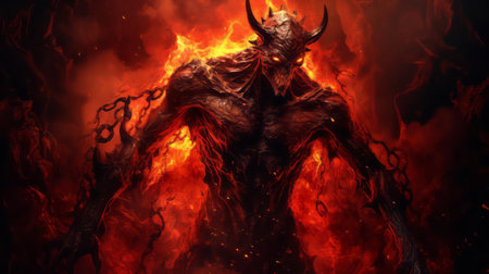 the demon, engulfed in flames, stands tall in the depths of hell, its muscular full body radiating an aura of malevolence, as it gazes upwards with piercing eyes, surrounded by a backdrop of burning brimstone and sulfurous fumes, exuding an atmosphere of darkness and despair. ai generatedの素材
