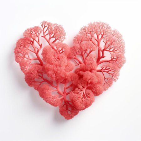 coral heart, a symbol of love and passion, sits elegantly on a pristine white isolated background, showcasing its intricate details and vibrant orange hue, perfect for valentine's day or romantic occasions, evoking feelings of warmth and affection in this stunning macro photography. ai generatedの素材