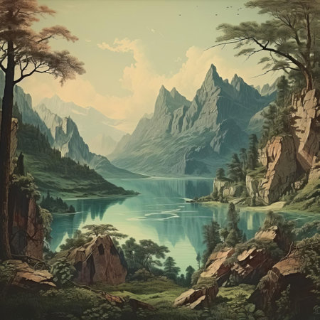 the landscape photograph showcases a serene vintage scenery with rolling hills, misty mountains, and a tranquil lake in the distance, evoking a sense of nostalgia and calmness, perfect for nature lovers and those who appreciate the beauty of rural landscapes and scenic vistas. ai generatedの素材