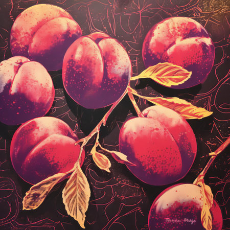 the vibrant plum background of this printmaking artwork showcases a stunning fusion of colors and textures, evoking a sense of creativity and artistic expression, perfect for art enthusiasts and collectors of unique, handmade pieces featuring bold, abstract designs. ai generatedの素材