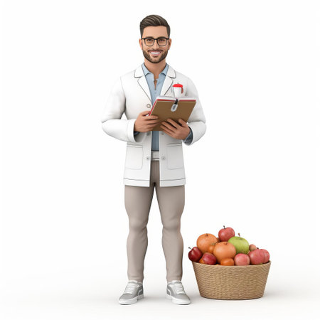 a 3d male dietitian stands confidently on a white isolated background, wearing a stethoscope and holding a clipboard, symbolizing expertise in nutrition and healthy eating, emphasizing the importance of personalized diet plans and weight management for a balanced lifestyle. ai generatedの素材