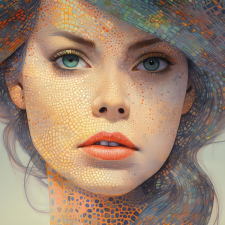 the woman in this vibrant pointillism portrait is surrounded by a kaleidoscope of colors, her delicate features and intricate hairstyle composed of thousands of tiny dots, blending into a stunning work of art that celebrates the beauty of femininity and the creativity of this unique artistic technique. ai generatedの素材