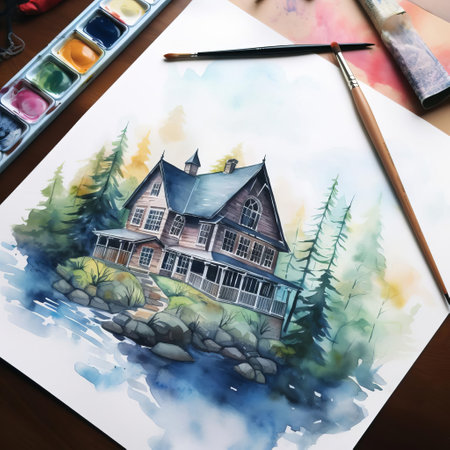 parker ridge, a majestic mountain in the canadian rockies, is beautifully captured in this stunning watercolor design, showcasing its snow-capped peaks, lush green forests, and serene alpine lakes, evoking a sense of adventure and tranquility in the heart of the rocky mountains. ai generatedの素材