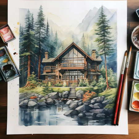 parker ridge, a majestic mountain in the canadian rockies, is beautifully captured in this stunning watercolor design, showcasing its snow-capped peaks, lush green forests, and serene turquoise lakes, evoking a sense of tranquility and adventure in the heart of the rocky mountains. ai generatedの素材