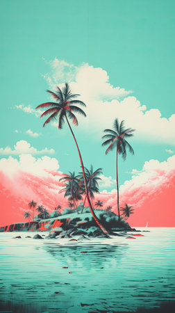 island paradise emerges from a vibrant turquoise background in this stunning risograph print, evoking feelings of serenity and tranquility, perfect for tropical getaway enthusiasts and fans of unique, handmade art pieces with a touch of exotic flair. ai generatedの素材