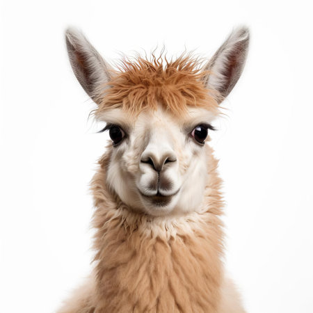the llama stands majestically against a pristine white background, its soft fur and gentle gaze captivating the viewer, showcasing its unique south american heritage and tranquil nature, perfect for animal lovers and photography enthusiasts alike. ai generatedの素材
