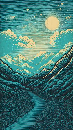 hill majestically rises against a vibrant turquoise background, its gentle slopes and rolling curves evoking a sense of serenity, while the risograph print adds a touch of retro charm, transporting viewers to a bygone era of nostalgic simplicity and natural beauty. ai generatedの素材