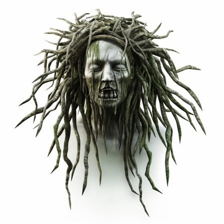 a 3d zombie with dreadlocks stands out against a crisp white isolated background, its undead features and tangled locks creating a haunting visual contrast, perfect for horror and fantasy designs, illustrations, and digital art projects focused on the supernatural and paranormal. ai generatedの素材
