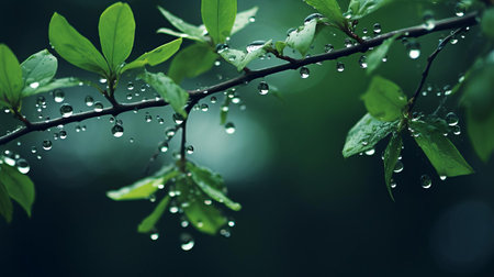 delicate tree branches adorned with sparkling water drops create a serene and peaceful atmosphere in this stunning wallpaper, perfect for nature lovers and those seeking a calming ambiance, evoking feelings of freshness and tranquility in any room. ai generatedの素材