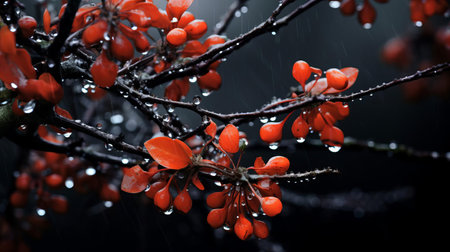 delicate tree branches are adorned with sparkling water drops, glistening in the morning dew, creating a serene and peaceful atmosphere, perfect for a nature-inspired wallpaper, evoking feelings of calmness and tranquility, ideal for a relaxing desktop or mobile background. ai generatedの素材