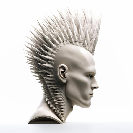 the 3d male model with a striking mohawk hairstyle stands out against a crisp white isolated background, showcasing a bold and edgy virtual character design, perfect for futuristic and sci-fi themed projects, digital art, and modern graphic designs. ai generatedの素材