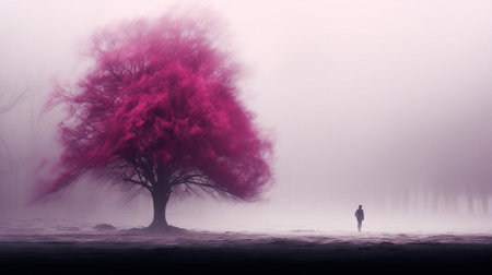 woman standing alone in a mystical magenta fog, surrounded by an eerie atmosphere, evoking a sense of mystery and tranquility, as the vibrant pinkish-purple hue envelops her, creating a surreal and dreamlike scene, perfect for fantasy and abstract photography enthusiasts. ai generatedの素材
