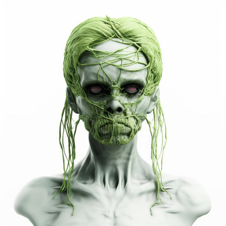 a 3d zombie chignon, with its eerie green skin and tattered hair, stands out against a pristine white isolated background, evoking a sense of horror and dread, perfect for halloween or horror-themed designs, adding a touch of spooky elegance to any visual project. ai generatedの素材