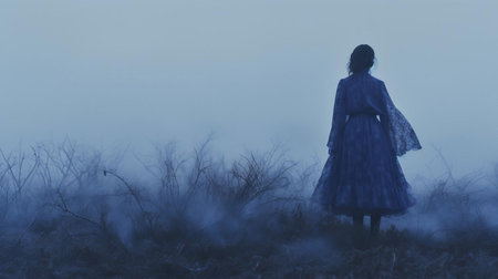 the woman stands alone, shrouded in an eerie indigo fog, her figure a silhouette against the misty backdrop, evoking a sense of mystery and solitude, as the fog swirls around her, creating an otherworldly atmosphere, perfect for a mystical and dreamlike scene. ai generatedの素材