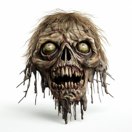 a 3d zombie, with gruesome wounds and tattered clothes, bangs its fists in a fierce gesture, isolated on a clean white background, perfect for horror or halloween-themed designs, evoking a sense of fear and dread, ideal for digital art or graphic novel illustrations. ai generatedの素材