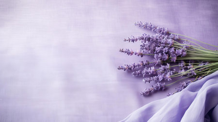 lavender flowers delicately scattered across a soft, serene linen texture background, evoking feelings of calmness and relaxation, perfect for spa, wellness, or home decor designs, adding a touch of elegance and sophistication to any visual project. ai generatedの素材