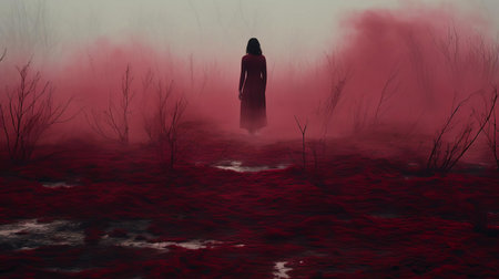 kangaroo standing in a maroon fog, surrounded by a mystical atmosphere, adds a touch of eeriness to the australian outback landscape, with the misty fog rolling in, creating a sense of mystery and tranquility, perfect for nature lovers and wildlife enthusiasts. ai generatedの素材