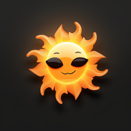 the sun shines brightly in this adorable 3d illustration, standing out against a stark black background, its vibrant yellow hue and endearing facial expression radiating warmth and happiness, perfect for adding a touch of whimsy to any design or digital project. ai generatedの素材