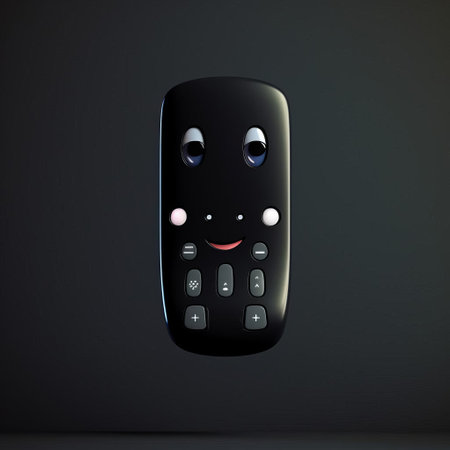 the remote control sits isolated on a blank black background, its 3d design and cute shape making it stand out in high contrast, perfect for e-learning tutorials, tech presentations, and digital product demonstrations requiring a minimalist aesthetic. ai generatedの素材