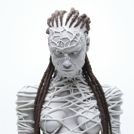 a 3d zombie model showcases a unique hairstyle featuring box braids, standing out against a crisp white isolated background, perfect for horror-themed designs, digital art, and spooky aesthetic inspirations, blending african cultural heritage with undead flair. ai generatedの素材