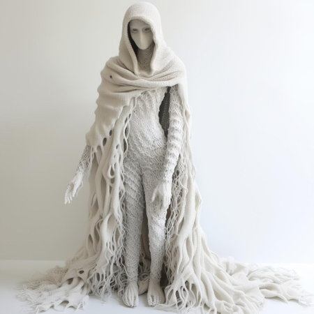 the wraith, a mystical creature from folklore, is beautifully captured in this stunning photograph, showcasing its intricately knitted details against a pristine white background, providing a striking full-body view that highlights its eerie yet fascinating presence. ai generatedの素材