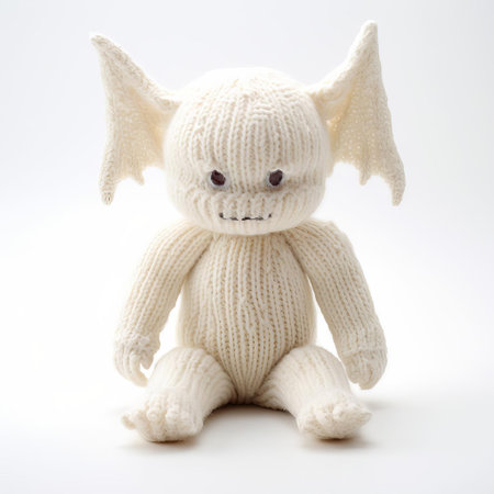 the knitted imp, a whimsical and endearing creature, stands proudly against a pristine white background, showcasing its intricately stitched full body, complete with delicate features and textured details, evoking a sense of handmade craftsmanship and nostalgic charm. ai generatedの素材