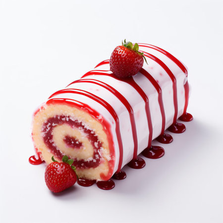 the jelly roll, a sweet and indulgent dessert, sits elegantly on a pristine white background, showcasing its swirly layers of moist sponge cake and rich buttercream frosting, perfect for satisfying any sweet tooth or adding a touch of whimsy to a party or celebration. ai generatedの素材