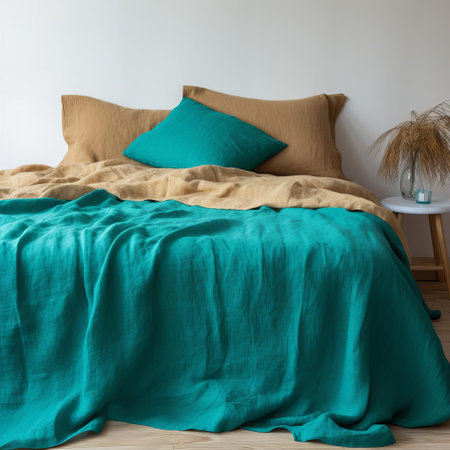 the turquoise linen plain sheet adds a touch of elegance to any bedroom, its soft, natural fabric and calming blue-green hue creating a serene atmosphere, perfect for a relaxing retreat, and its simplicity makes it easy to mix and match with various decorative styles. ai generatedの素材
