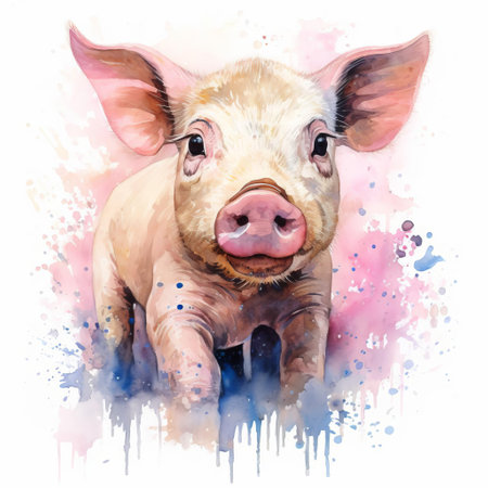 the pig, depicted in a beautiful watercolour painting, stands out against a crisp white background, showcasing its adorable features and vibrant pink skin, evoking a sense of innocence and playfulness, perfect for animal lovers and art enthusiasts alike, highlighting the beauty of farm animals in art. ai generatedの素材