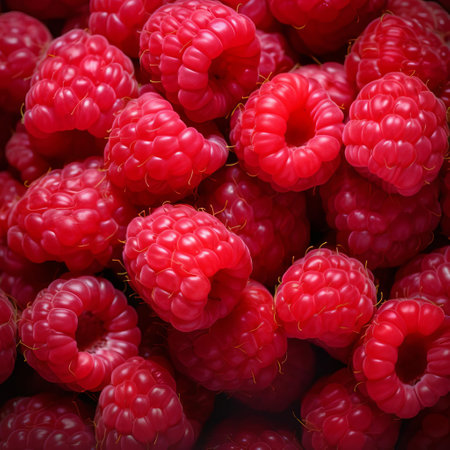 raspberries, a sweet and tangy summer fruit, are showcased in this vibrant photo, highlighting their plump texture and deep red color, perfect for snacking, baking, and adding a burst of flavor to salads and desserts, while also providing a rich source of antioxidants and fiber. ai generatedの素材