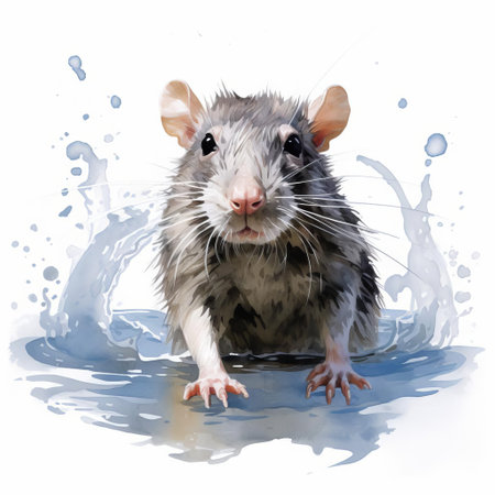 the rat, depicted in a beautiful watercolour painting, sits serenely on a pristine white background, showcasing the artist's skill in capturing the subtleties of rodent features, with delicate brushstrokes and gentle colour blending, evoking a sense of quiet contemplation and peaceful coexistence with nature. ai generatedの素材