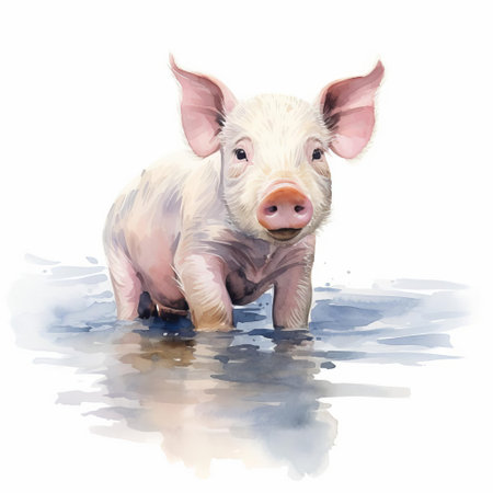 the pig, depicted in a beautiful watercolour painting, stands out against a crisp white background, showcasing its adorable features and playful personality, capturing the essence of farm animals and rustic charm in a unique piece of animal art. ai generatedの素材