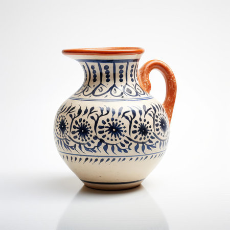 the earthenware jug, adorned with intricate designs, sits elegantly against a pristine white background, showcasing its earthy tones and rustic charm, evoking a sense of traditional craftsmanship and vintage appeal, perfect for rustic home decor or country-inspired kitchen settings. ai generatedの素材