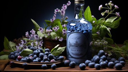 fresh bilberries overflow from a rustic wooden basket, surrounded by lush green leaves, showcasing the sweet and tangy fruit's vibrant purple color, perfect for healthy snacking, baking, or adding to oatmeal, as a delicious and nutritious addition to any meal or dessert. ai generatedの素材