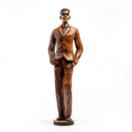 the wooden sculpture of a male figure stands proudly on a pristine white background, showcasing the artisan's skillful craftsmanship in creating a lifelike representation of the human form, highlighting the beauty of handmade wood carvings and the elegance of minimalist settings. ai generatedの素材