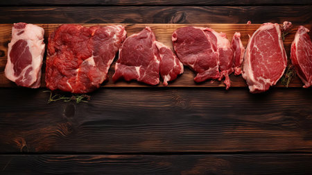 juicy meat slices are arranged artfully on a rustic wood table, showcasing a mouthwatering still life composition that evokes feelings of warmth and comfort, perfect for food enthusiasts and culinary experts seeking inspiration for their next gourmet creation. ai generatedの素材